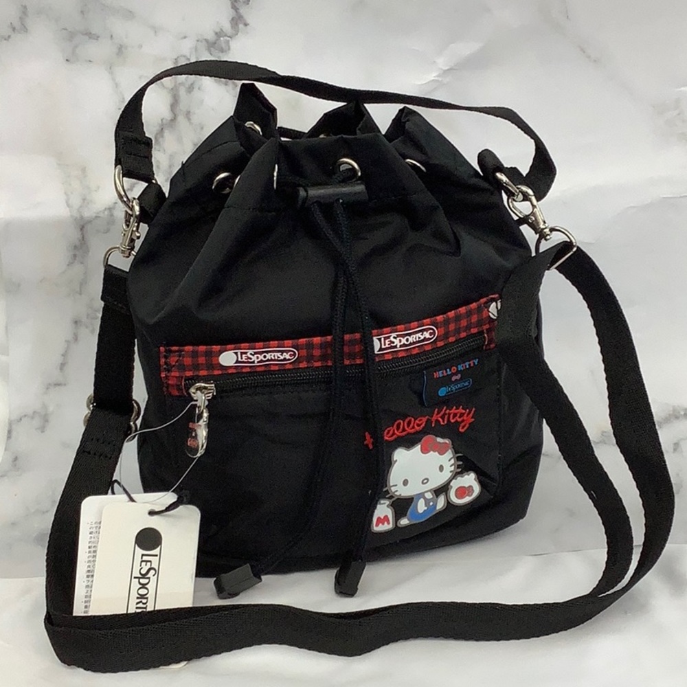 Lesportsac Black Hello Kitty Drawstring Shoulder Bag with Red Accents